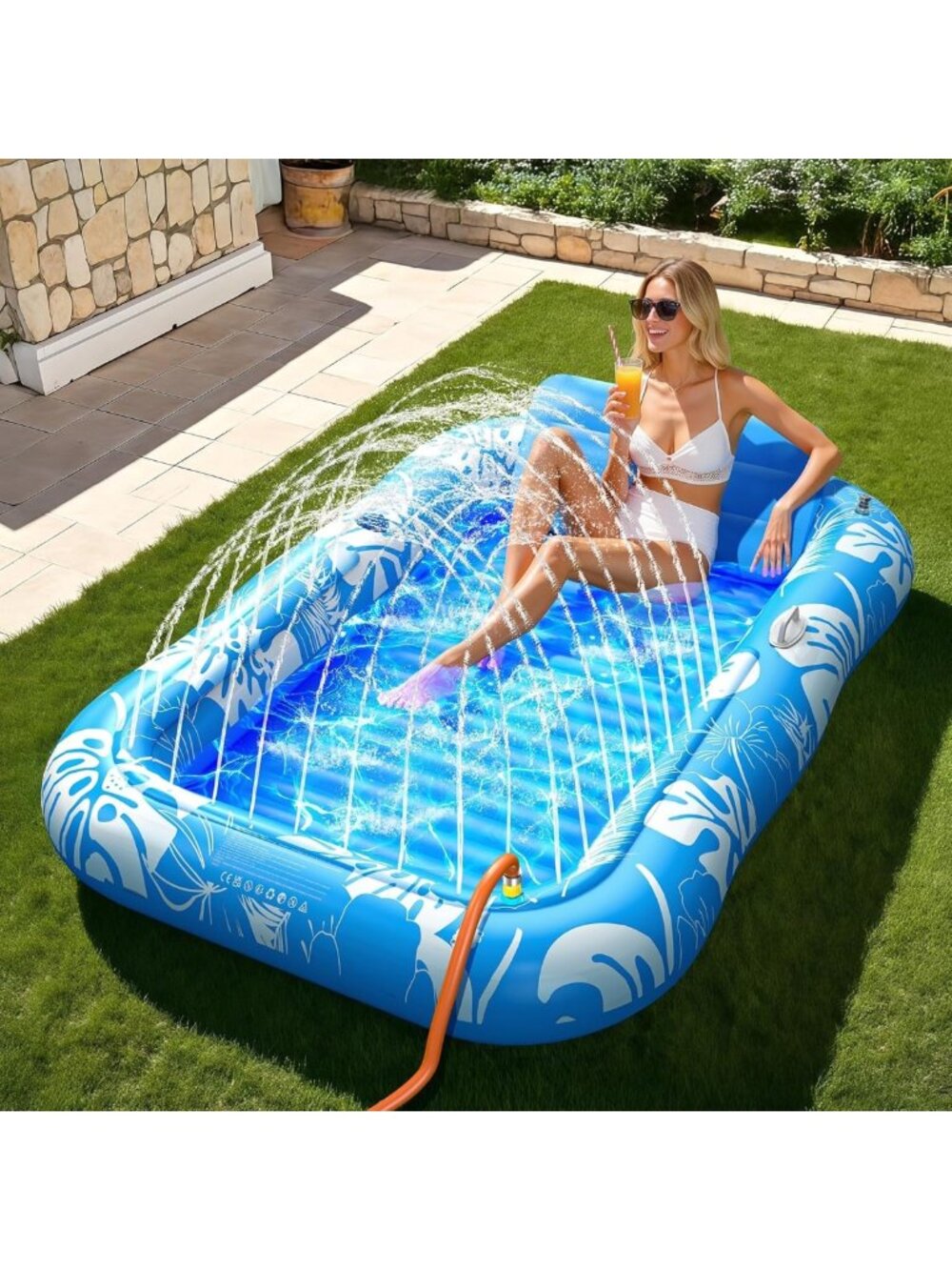 Inflatable Tanning Pool Float with Sprinkler & Pillow - 6-in-1 Sunbathing Raft